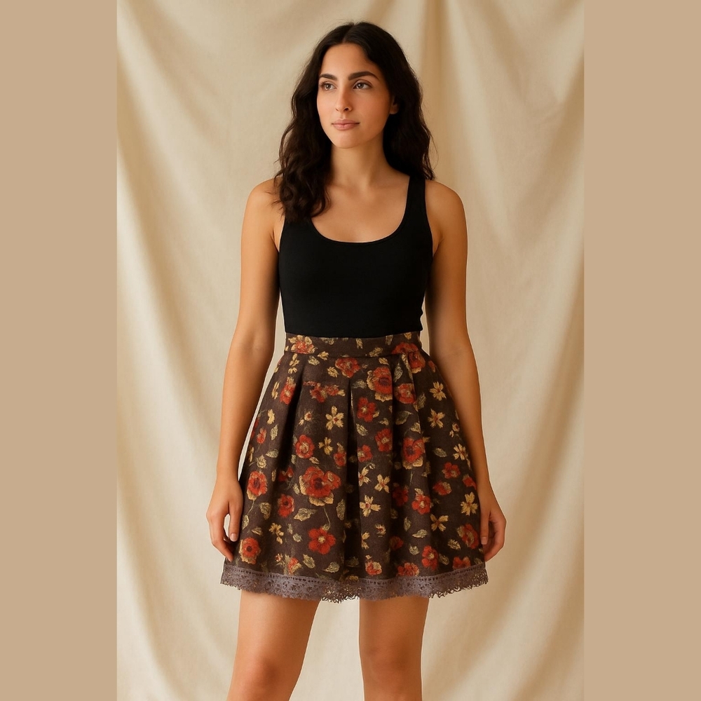Brown floral high waist skirt / S
